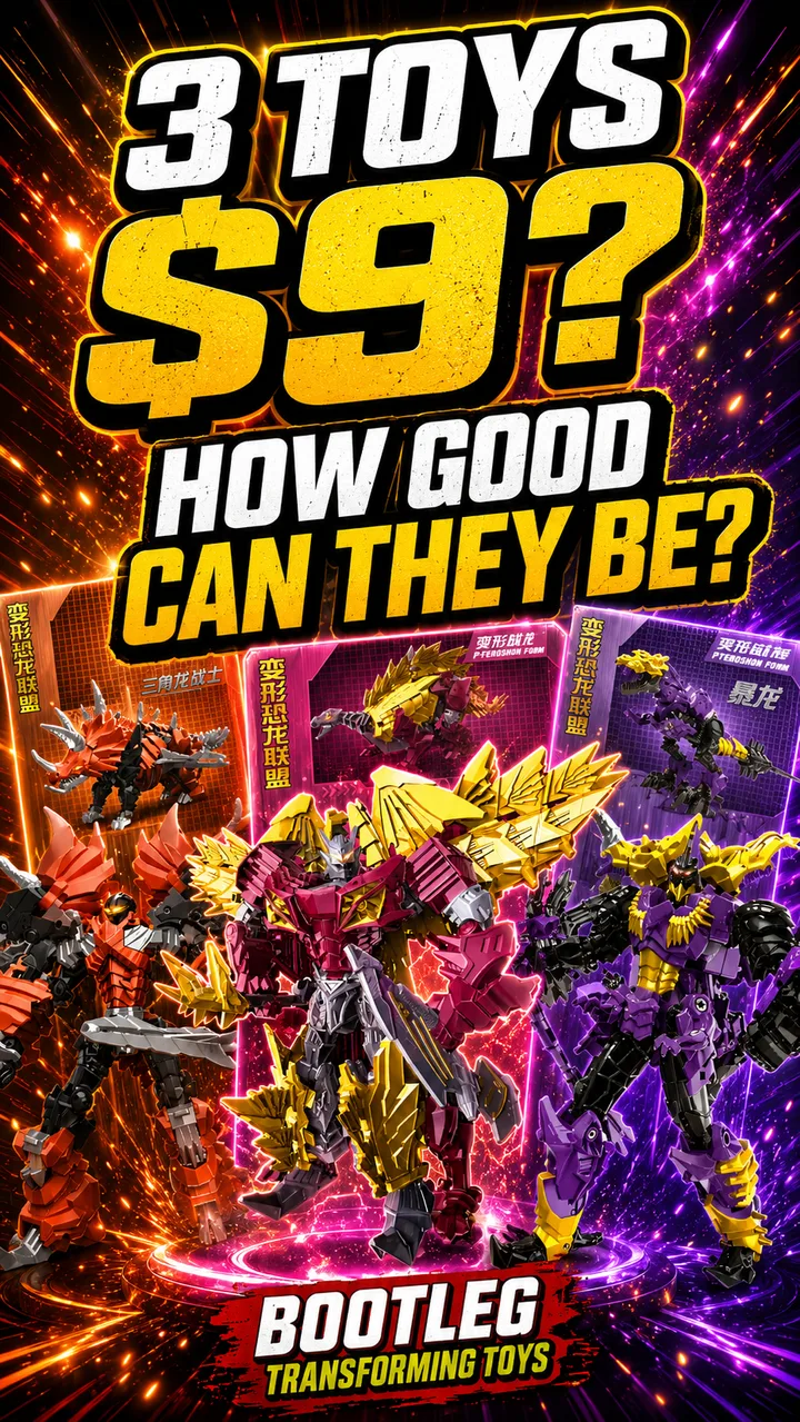 Vertical TikTok thumbnail of three transforming dinosaur robot toys