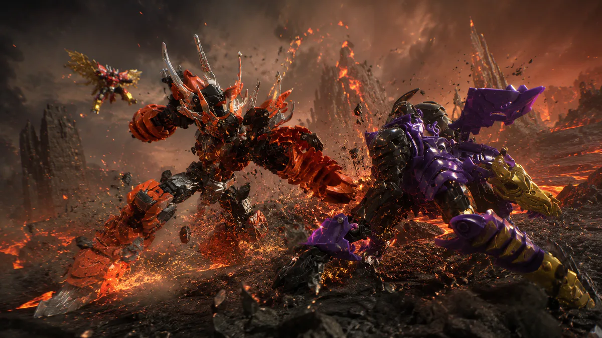 Orange and purple transforming mecha robots fighting in a volcanic landscape