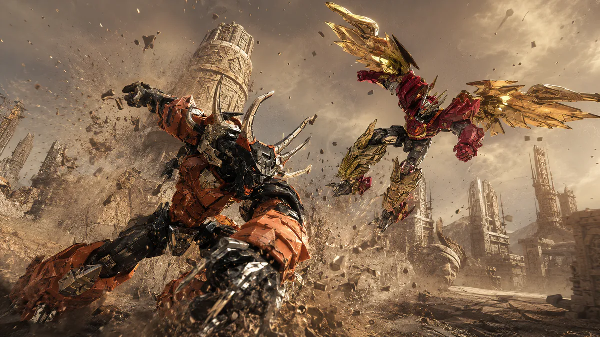 Orange transforming robot and red winged mecha in a cinematic desert battle
