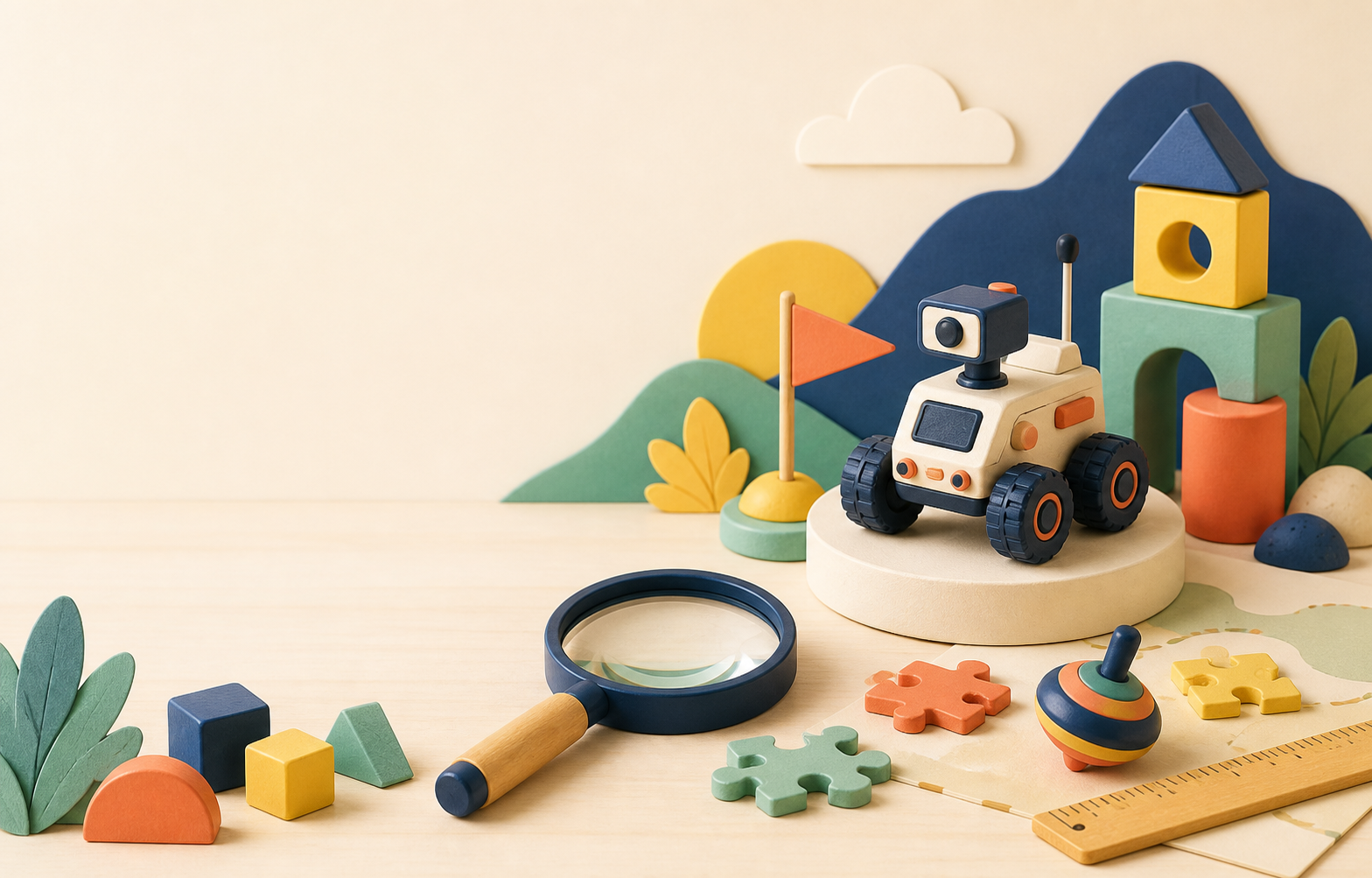 A playful toy testing workbench with blocks, a rover, puzzles, and a magnifying glass